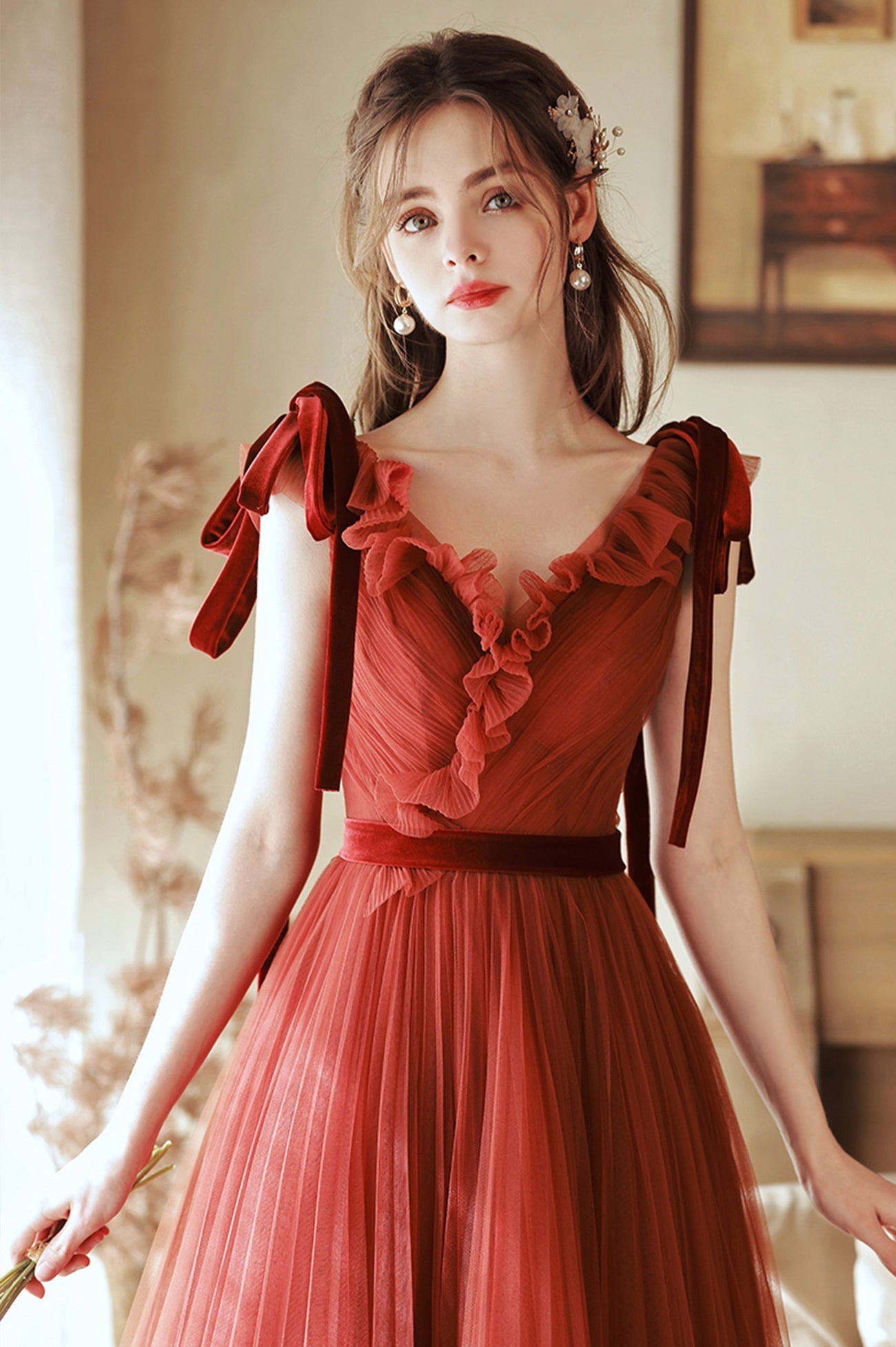 A-Line V-Neck Tulle Long Prom Dress