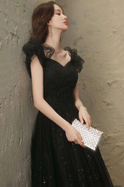 Black Tulle Long Prom Dress with Beaded, Black Evening Graduation Dress