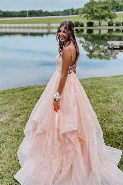 Pink V-Neck Tulle Long Evening Dress, A-Line Backless Prom Dress