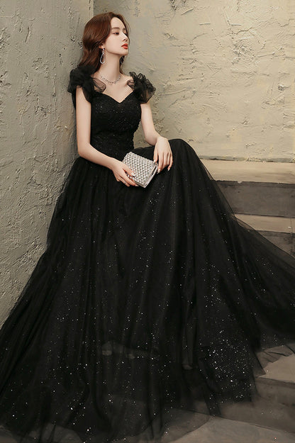 Black Tulle Long Prom Dress with Beaded, Black Evening Graduation Dress