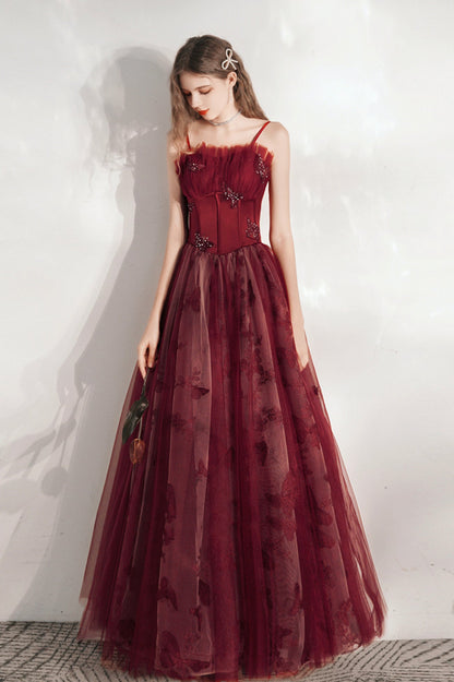 Burgundy Spaghetti Strap Tulle Long Prom Dress, Lovely A-Line Prom Dress