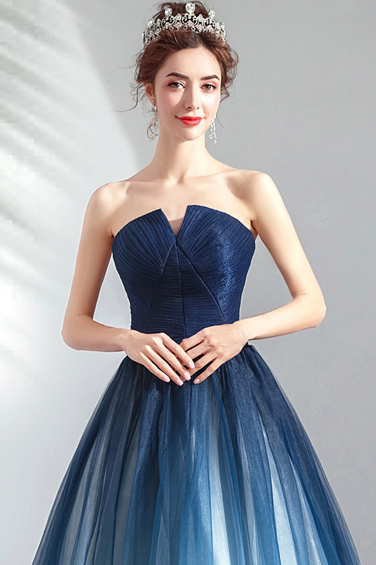 Blue Gradient Tulle Strapless Long A-Line Prom Dress, Blue Evening Party Dress