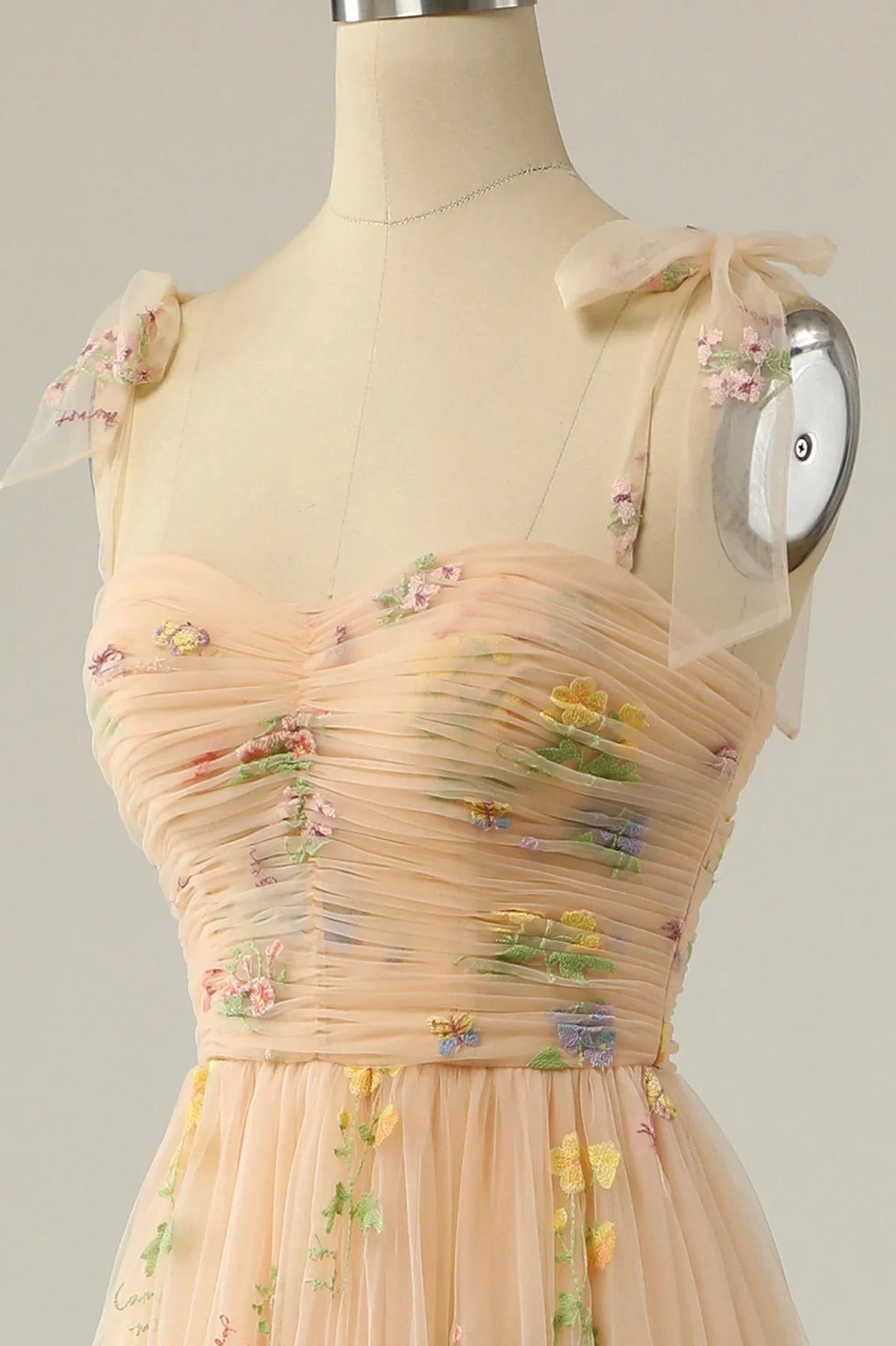 Champagne Tulle Lace Floor Length Prom Dress, A-Line Spaghetti Straps Evening Dress