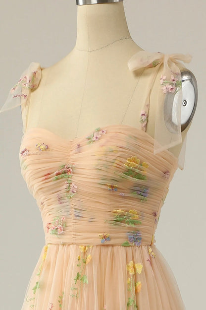 Champagne Tulle Lace Floor Length Prom Dress, A-Line Spaghetti Straps Evening Dress