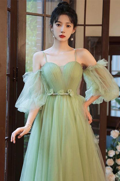 Green Spaghetti Straps Tulle Party Dress, Green Sweetheart Long Prom Dress