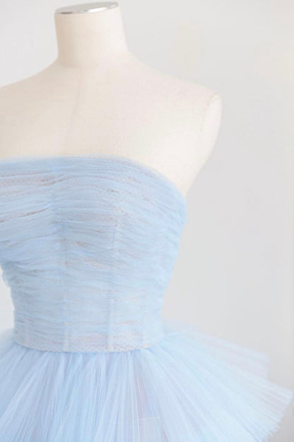 Blue Strapless Tulle Layers Long Prom Dress, Beautiful A-Line Evening Dress