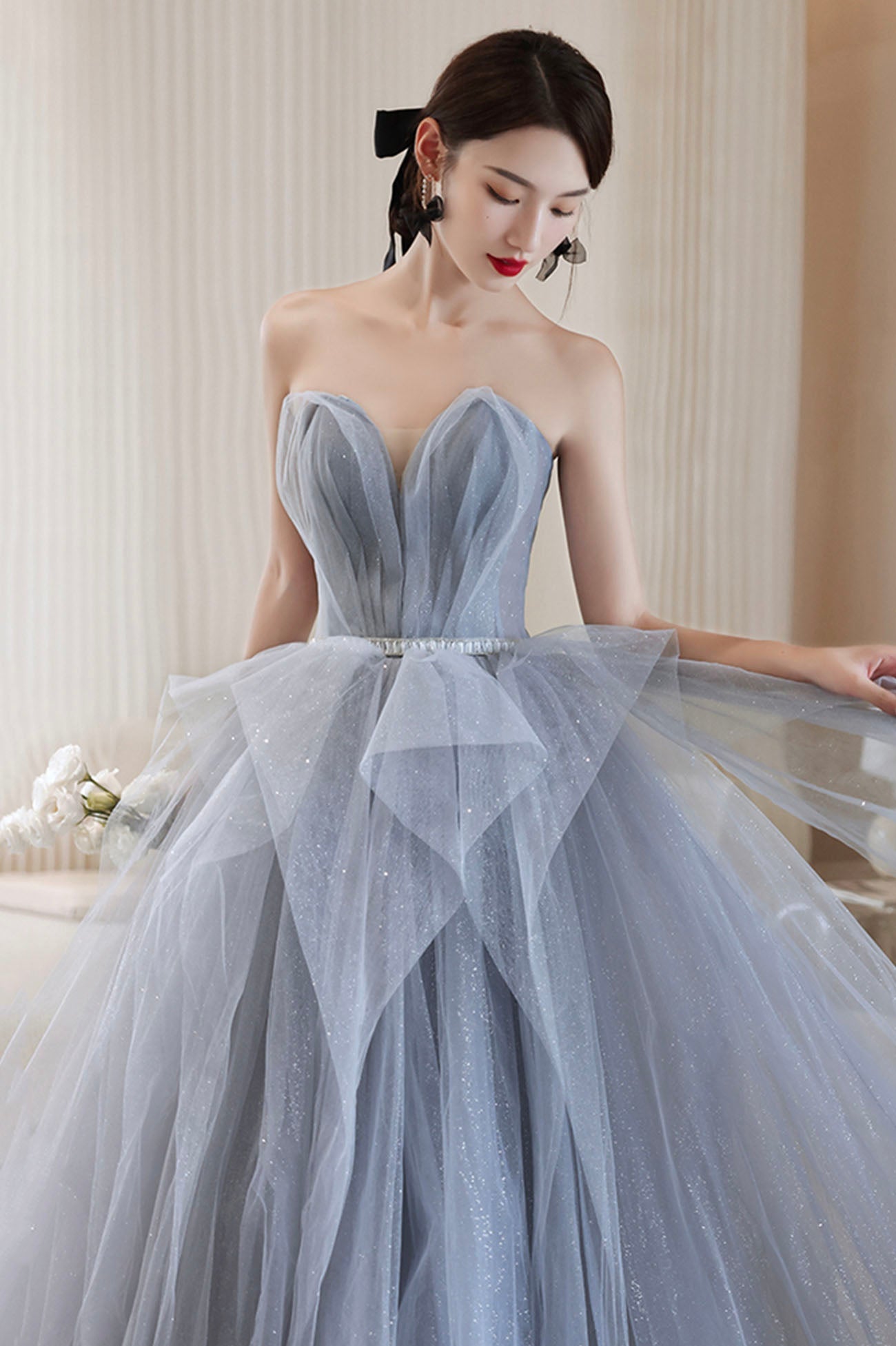 Blue Tulle Long A-Line Prom Dress, Blue Off the Shoulder Evening Graduation Dress