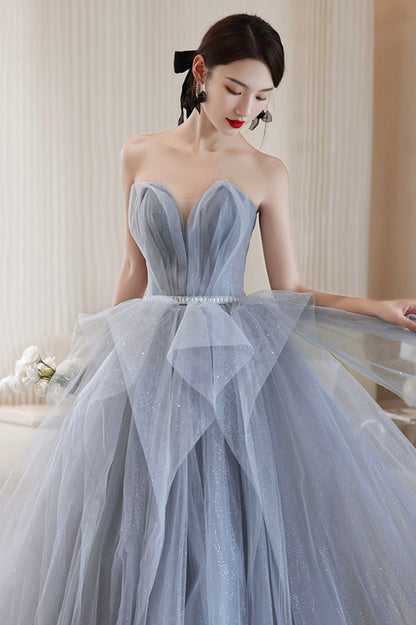 Blue Tulle Long A-Line Prom Dress, Blue Off the Shoulder Evening Graduation Dress