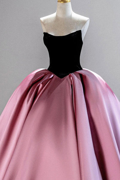 Black Velvet and Pink Satin Long Prom Gown, A-Line Strapless Evening Party Gown