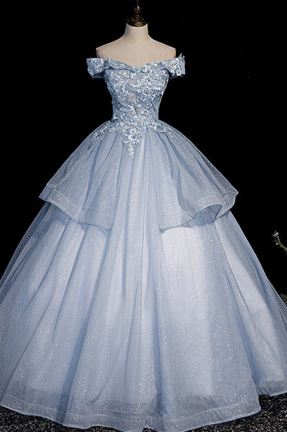 Beautiful Ball Gown Blue Tulle Lace Long Party Dress, Off the Shoulder Evening Dress