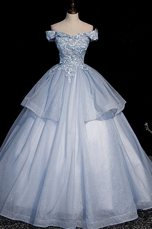 Beautiful Ball Gown Blue Tulle Lace Long Party Dress, Off the Shoulder Evening Dress