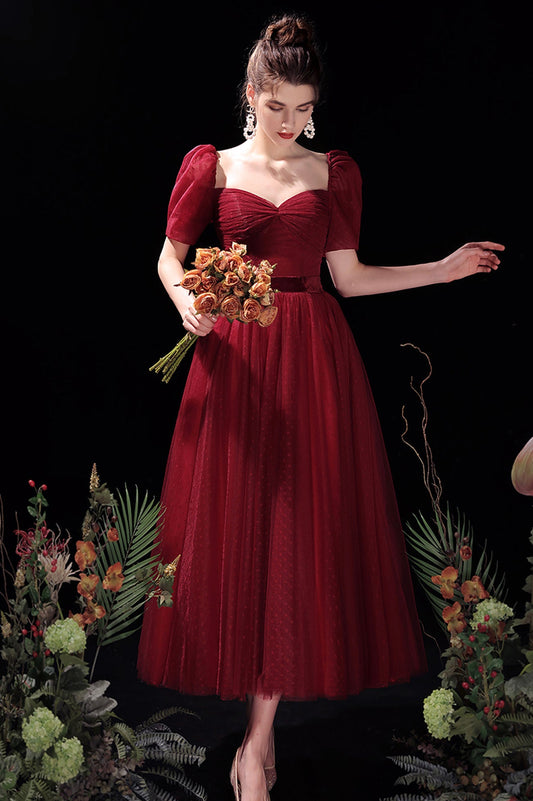 Burgundy A-Line Tulle Short Prom Dress, Cute Short Sleeve Homecoming Dress