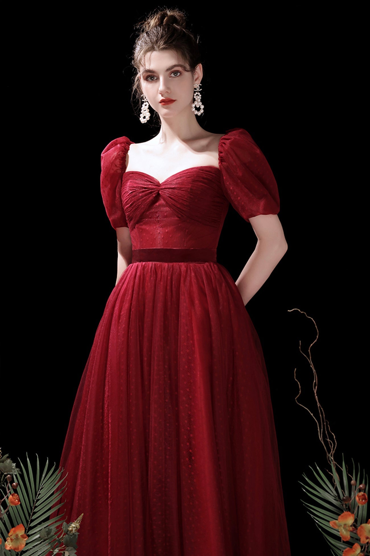 Burgundy A-Line Tulle Short Prom Dress, Cute Short Sleeve Homecoming Dress