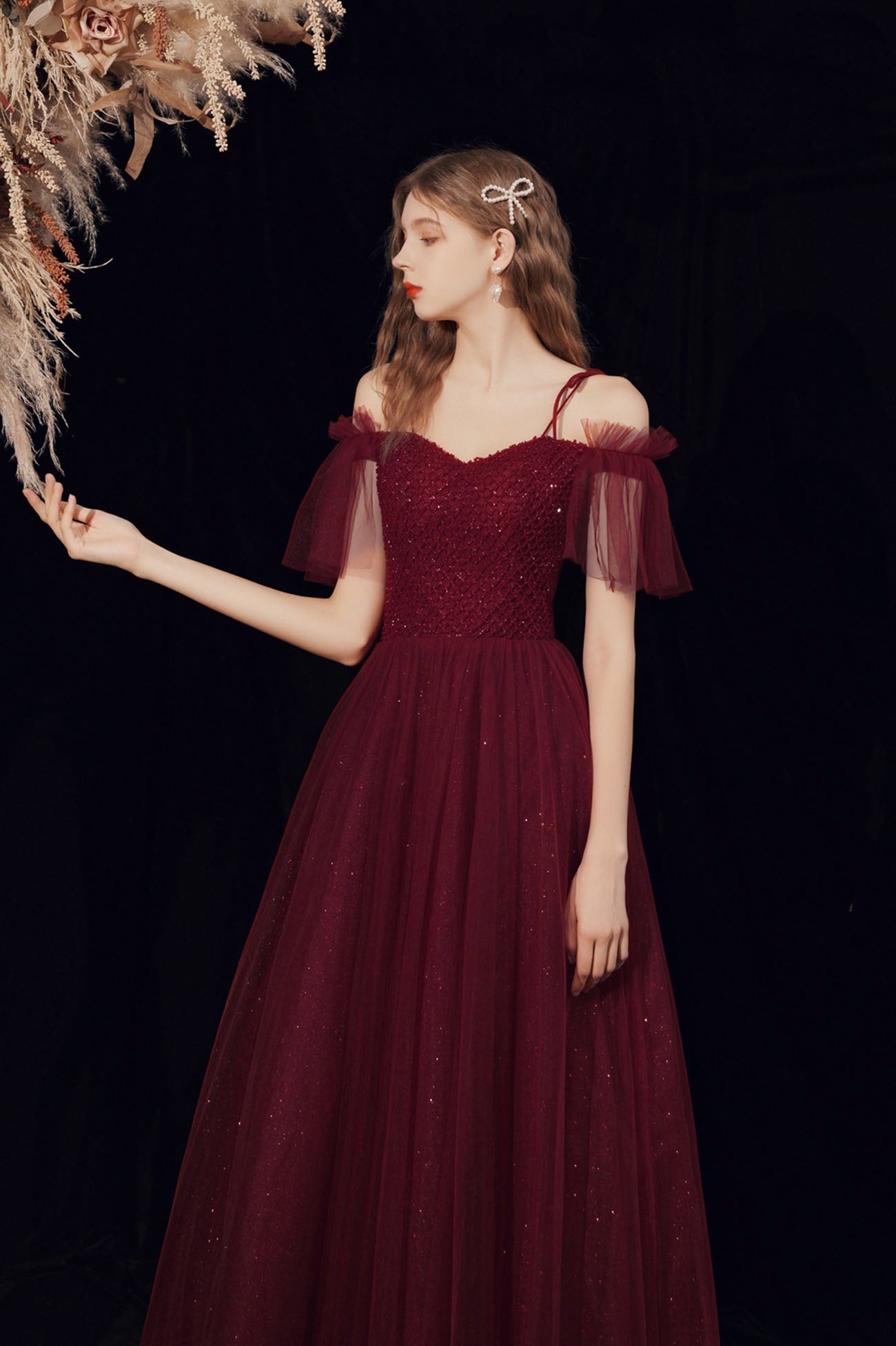 Spaghetti Straps Tulle Long Prom Dress with Beaded, Burgundy A-Line Party Dress