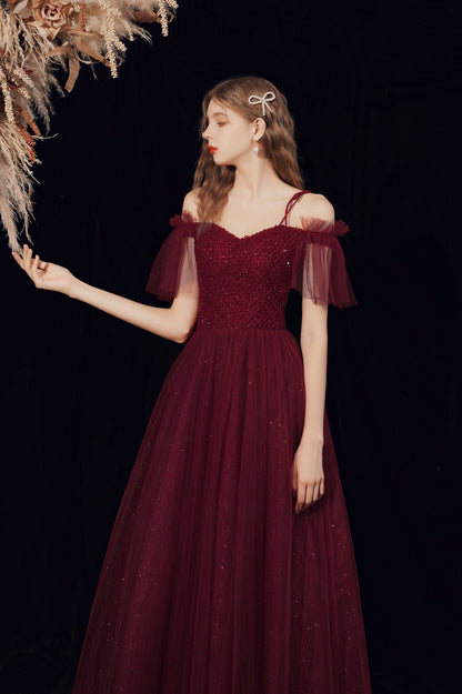 Spaghetti Straps Tulle Long Prom Dress with Beaded, Burgundy A-Line Party Dress
