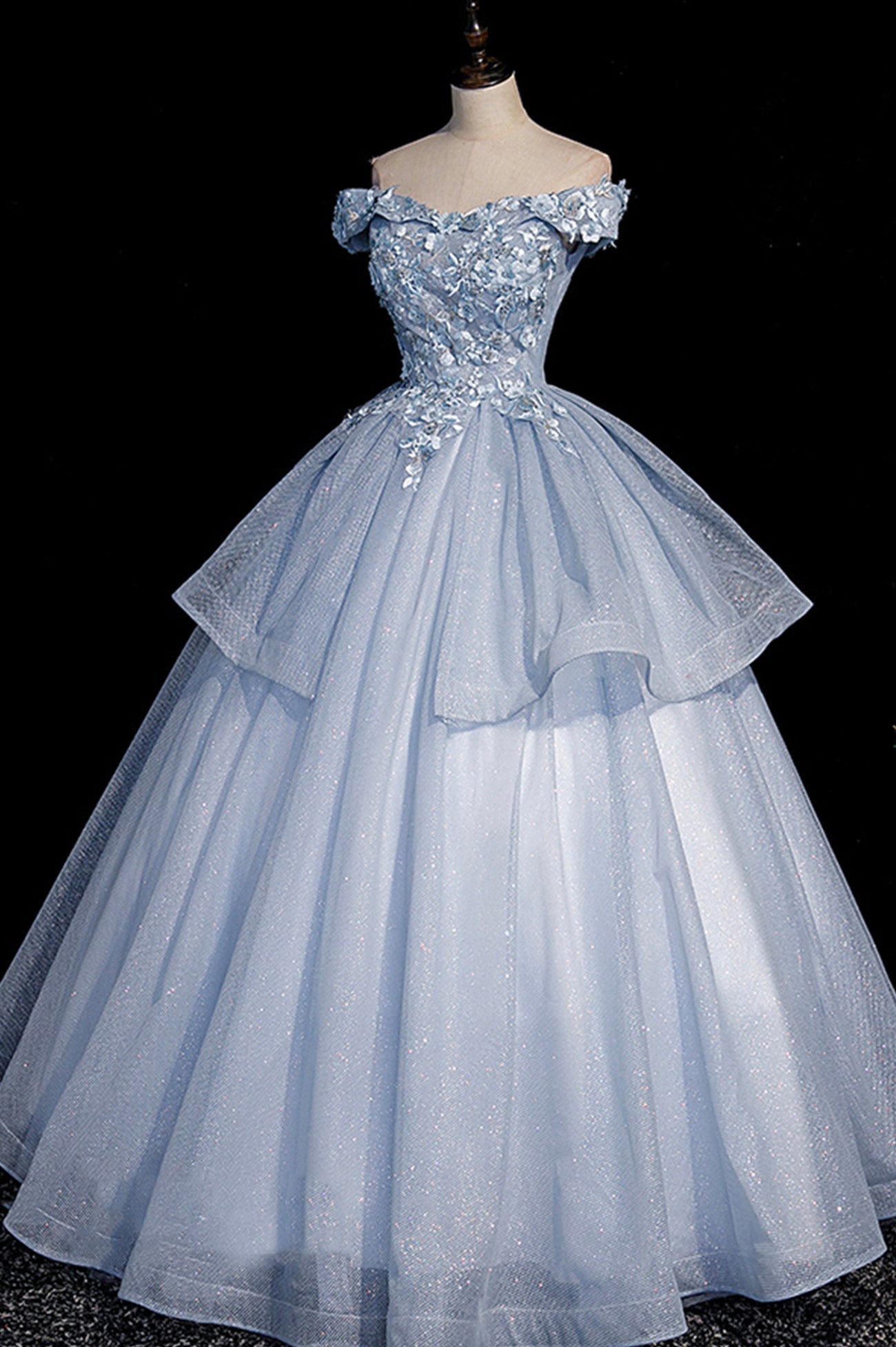 Beautiful Ball Gown Blue Tulle Lace Long Party Dress, Off the Shoulder Evening Dress