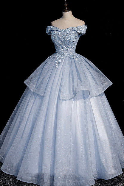 Beautiful Ball Gown Blue Tulle Lace Long Party Dress, Off the Shoulder Evening Dress