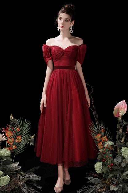 Burgundy A-Line Tulle Short Prom Dress, Cute Short Sleeve Homecoming Dress