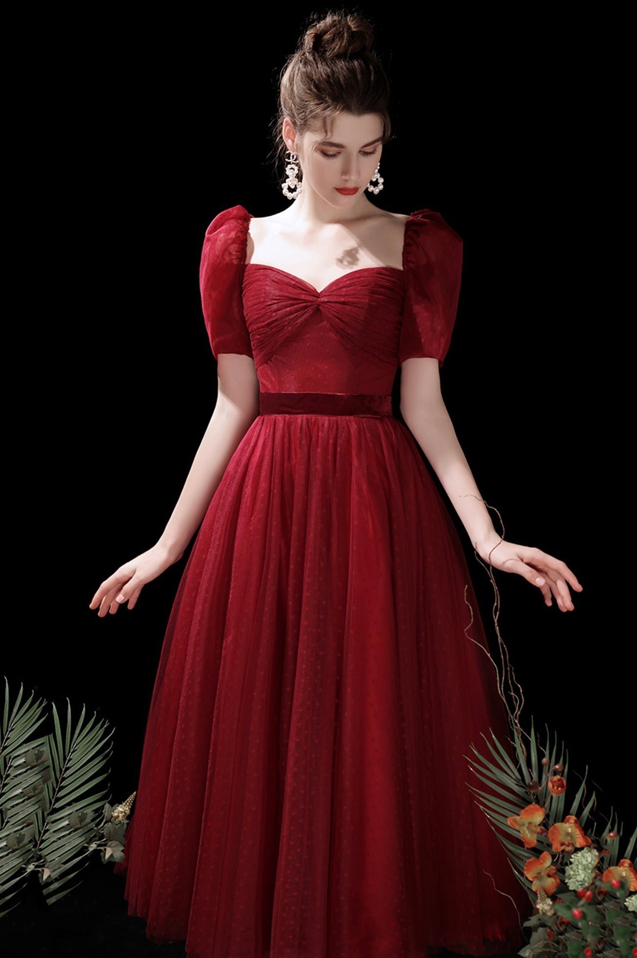 Burgundy A-Line Tulle Short Prom Dress, Cute Short Sleeve Homecoming Dress