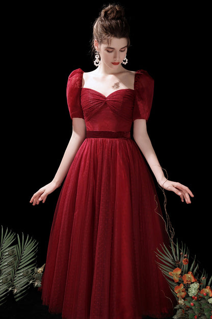 Burgundy A-Line Tulle Short Prom Dress, Cute Short Sleeve Homecoming Dress