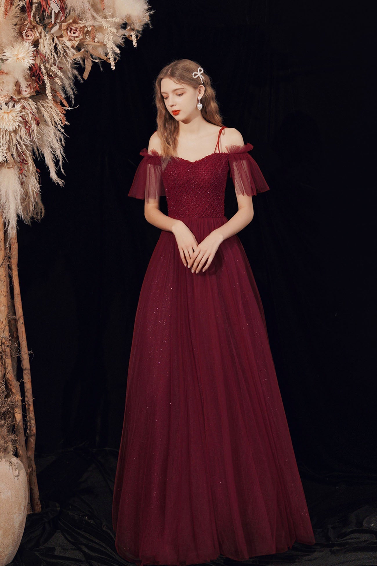 Spaghetti Straps Tulle Long Prom Dress with Beaded, Burgundy A-Line Party Dress