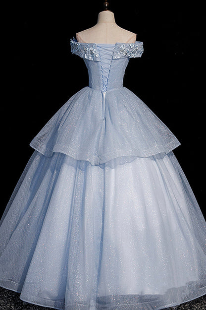 Beautiful Ball Gown Blue Tulle Lace Long Party Dress, Off the Shoulder Evening Dress