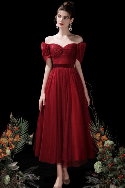 Burgundy A-Line Tulle Short Prom Dress, Cute Short Sleeve Homecoming Dress