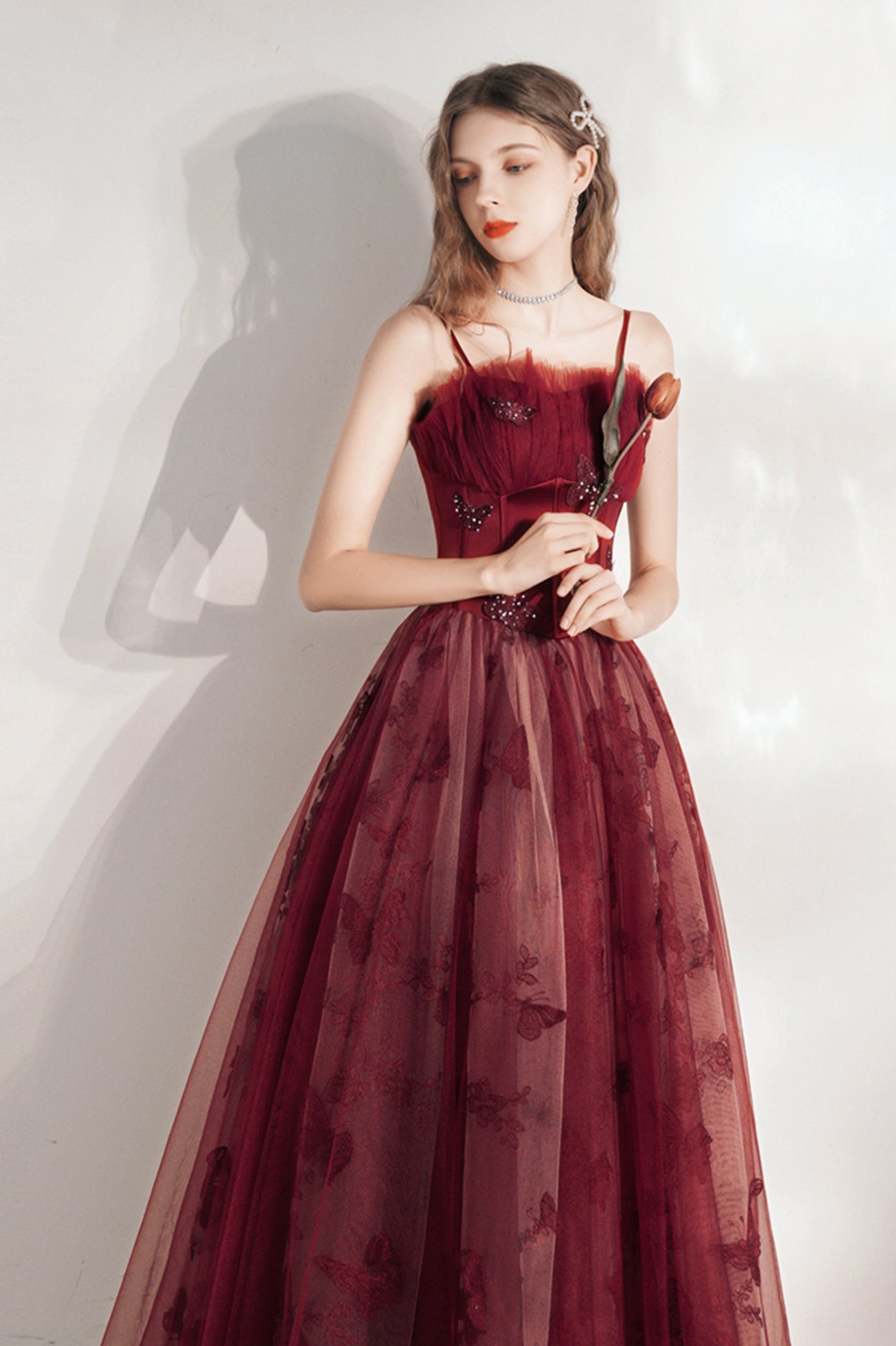 Burgundy Spaghetti Strap Tulle Long Prom Dress, Lovely A-Line Prom Dress
