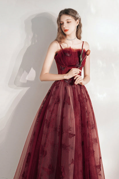 Burgundy Spaghetti Strap Tulle Long Prom Dress, Lovely A-Line Prom Dress