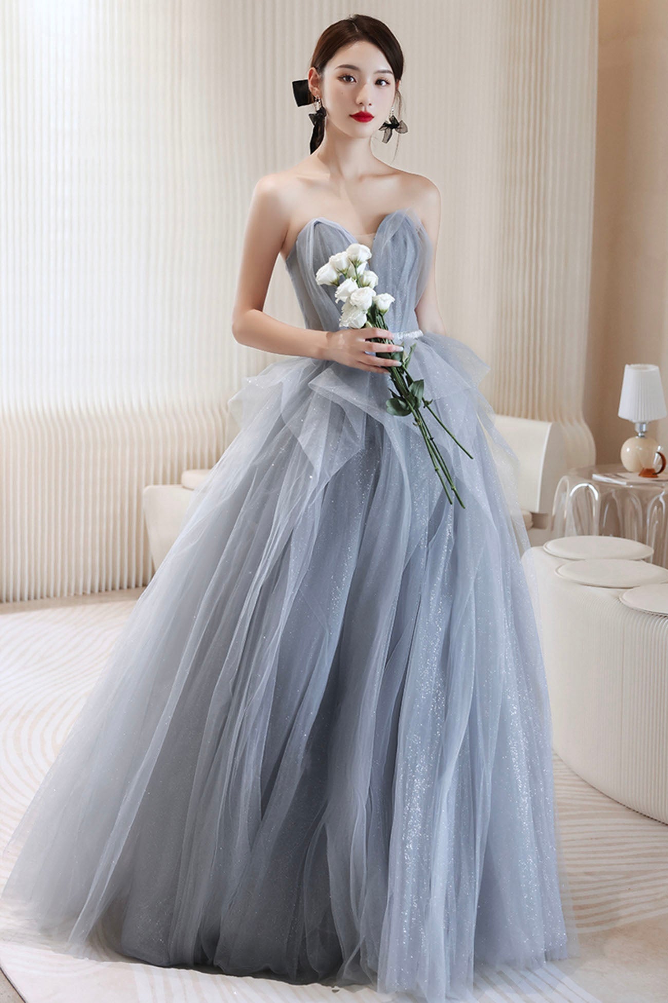 Blue Tulle Long A-Line Prom Dress, Blue Off the Shoulder Evening Graduation Dress
