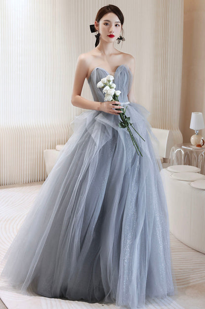 Blue Tulle Long A-Line Prom Dress, Blue Off the Shoulder Evening Graduation Dress