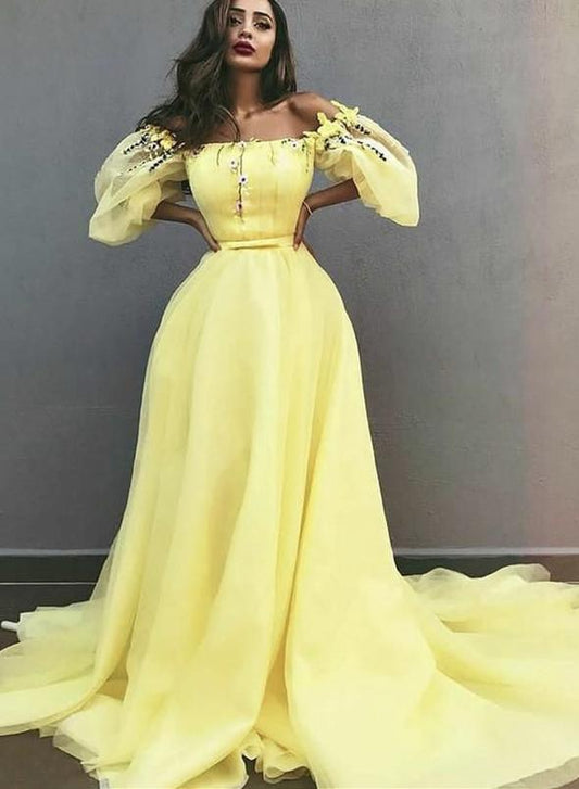 Yellow tulle long prom dress evening dress KS1460
