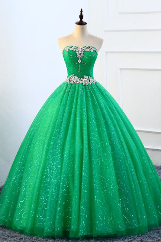 Strapless Green Sequins Tulle Long A Line Beaded Prom Dress, Formal Dress KS7480