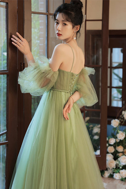 Green Spaghetti Straps Tulle Party Dress, Green Sweetheart Long Prom Dress