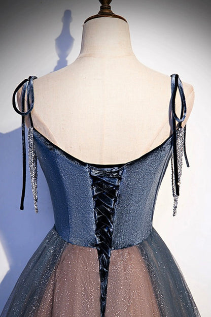 Blue Tulle Spaghetti Strap Long Prom Dress, A-Line Lace-Up Evening Dress