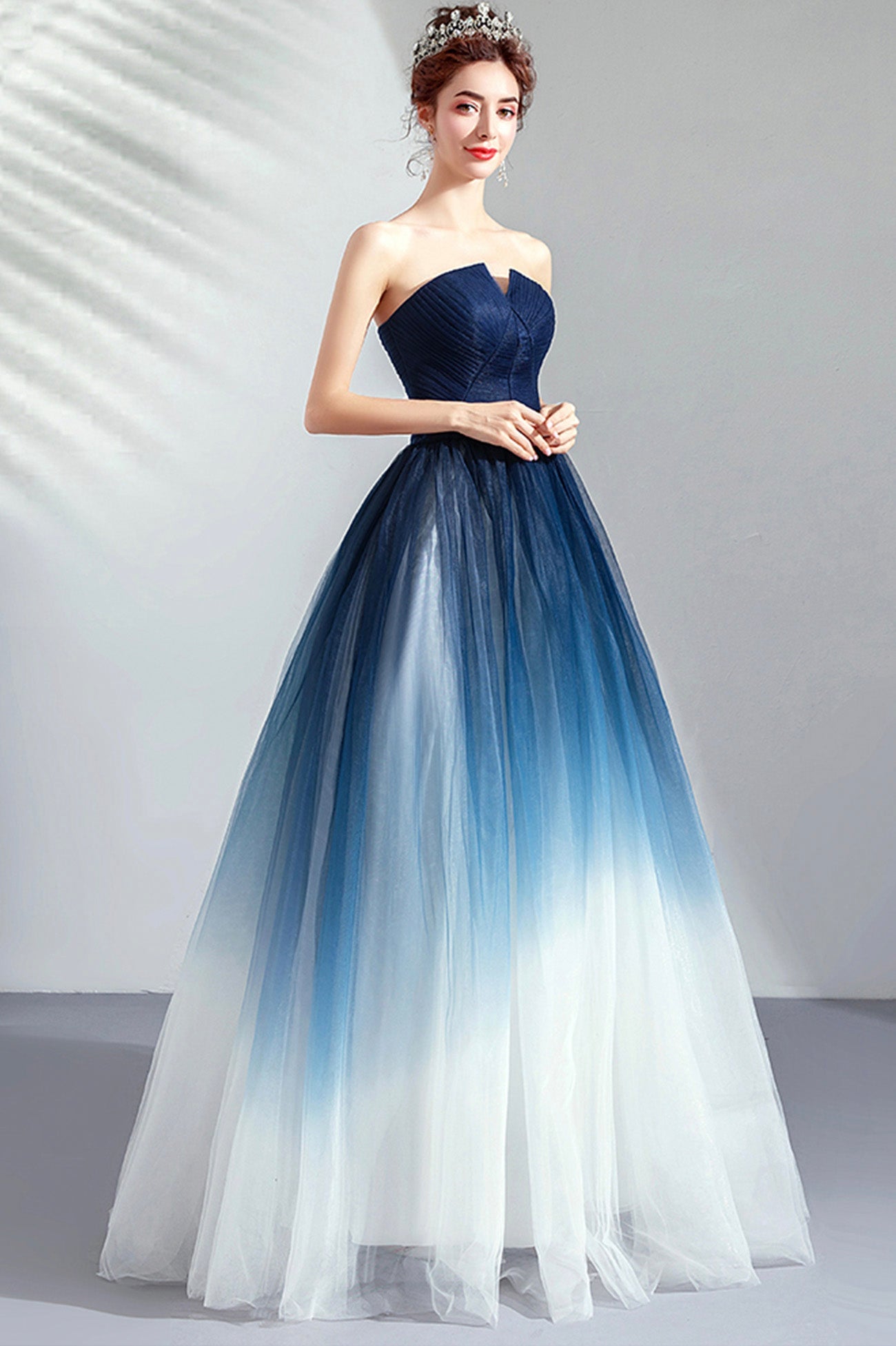Blue Gradient Tulle Strapless Long A-Line Prom Dress, Blue Evening Party Dress