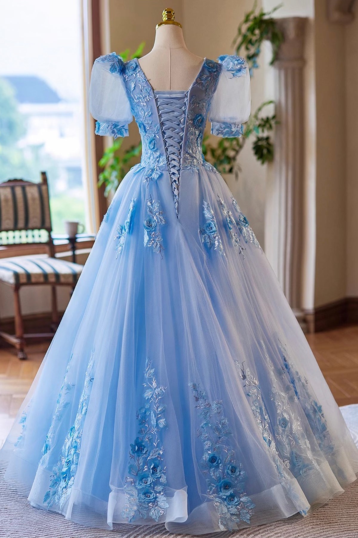 Blue Lace Flowers Long Prom Dress, Beautiful V-Neck Evening Party Dress