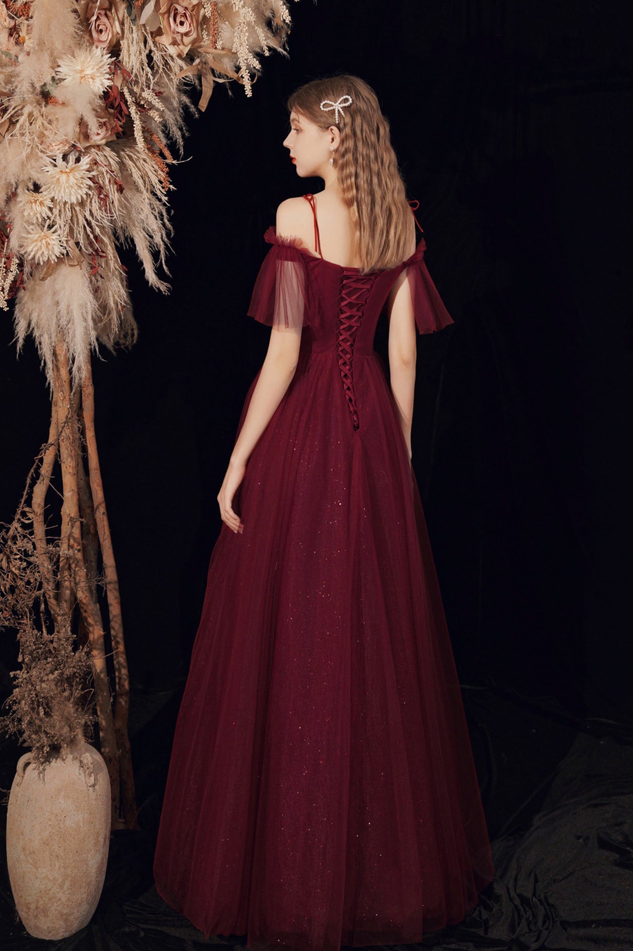 Spaghetti Straps Tulle Long Prom Dress with Beaded, Burgundy A-Line Party Dress