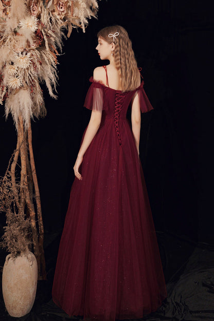 Spaghetti Straps Tulle Long Prom Dress with Beaded, Burgundy A-Line Party Dress
