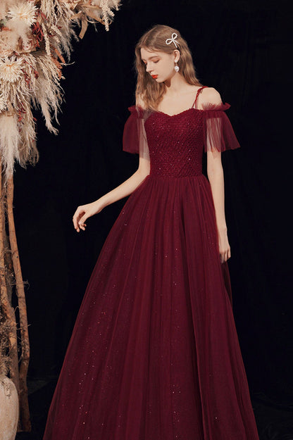 Spaghetti Straps Tulle Long Prom Dress with Beaded, Burgundy A-Line Party Dress