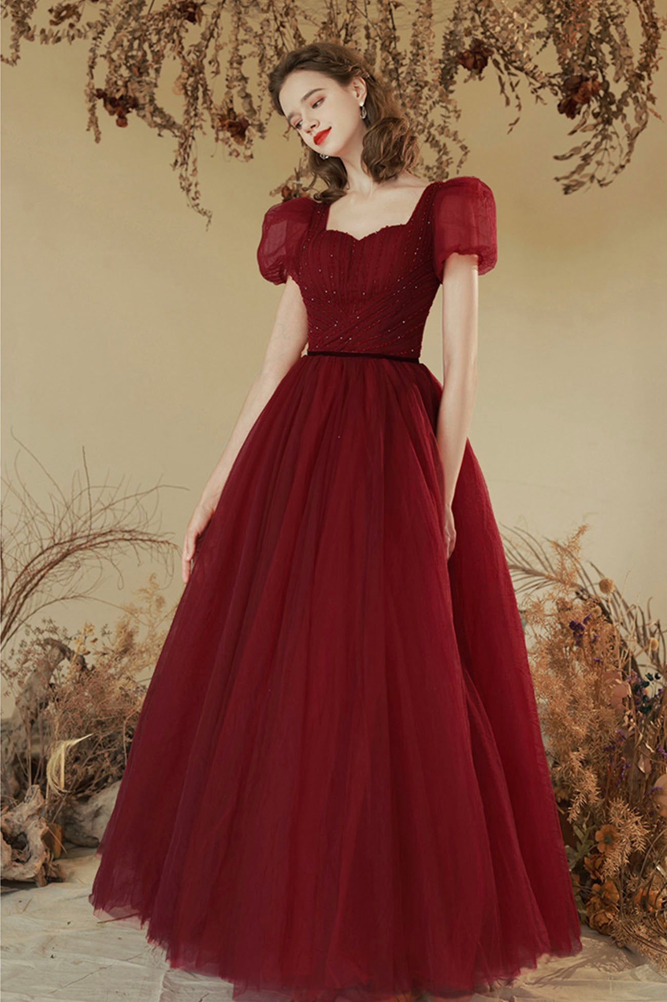 Burgundy Tulle Long A-line Prom Dress, Cute Short Sleeve Evening Party Dress