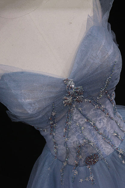 Blue Tulle A-Line Strapless Long Prom Dress, Blue Evening Party Dress