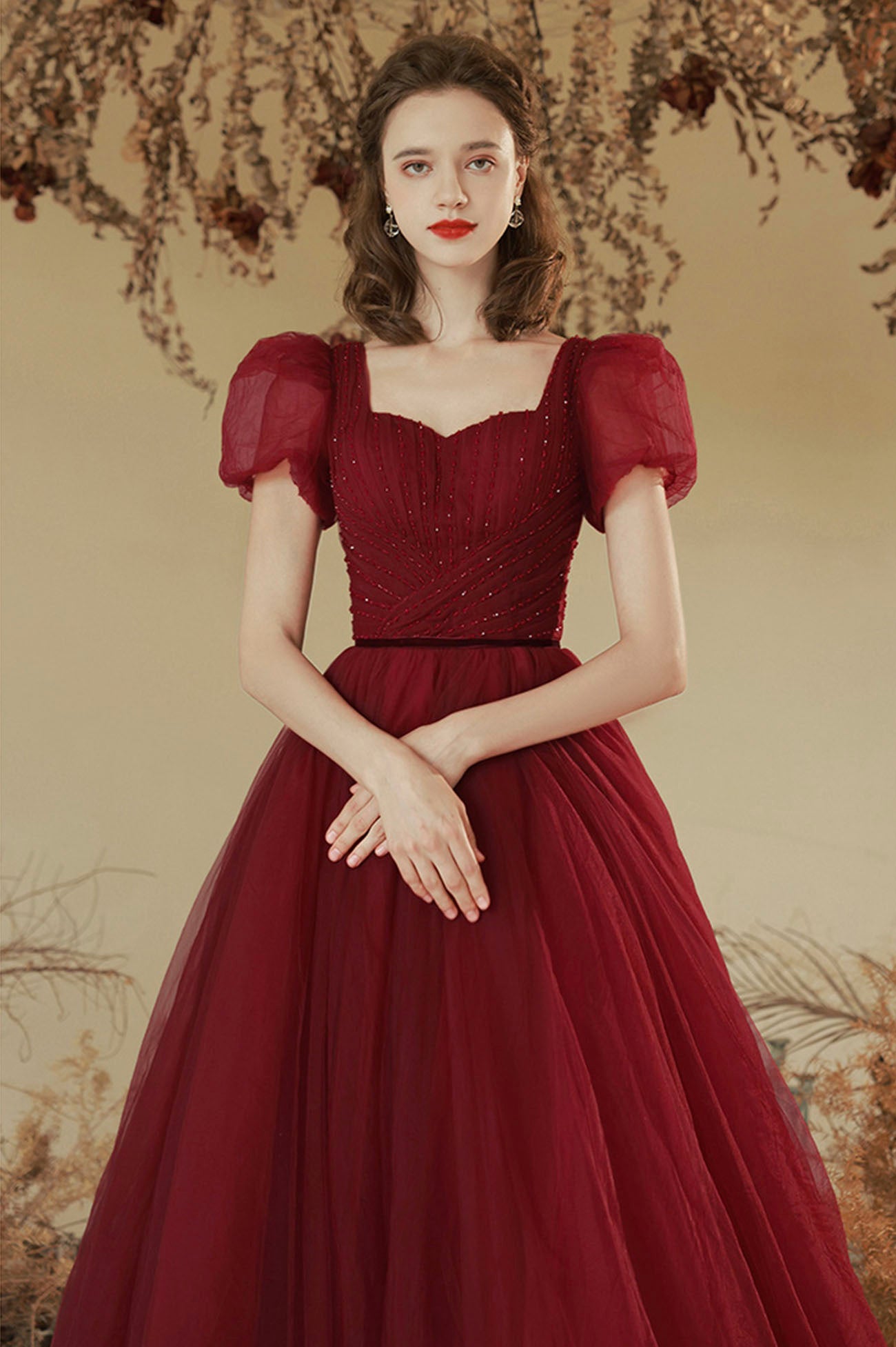 Burgundy Tulle Long A-line Prom Dress, Cute Short Sleeve Evening Party Dress