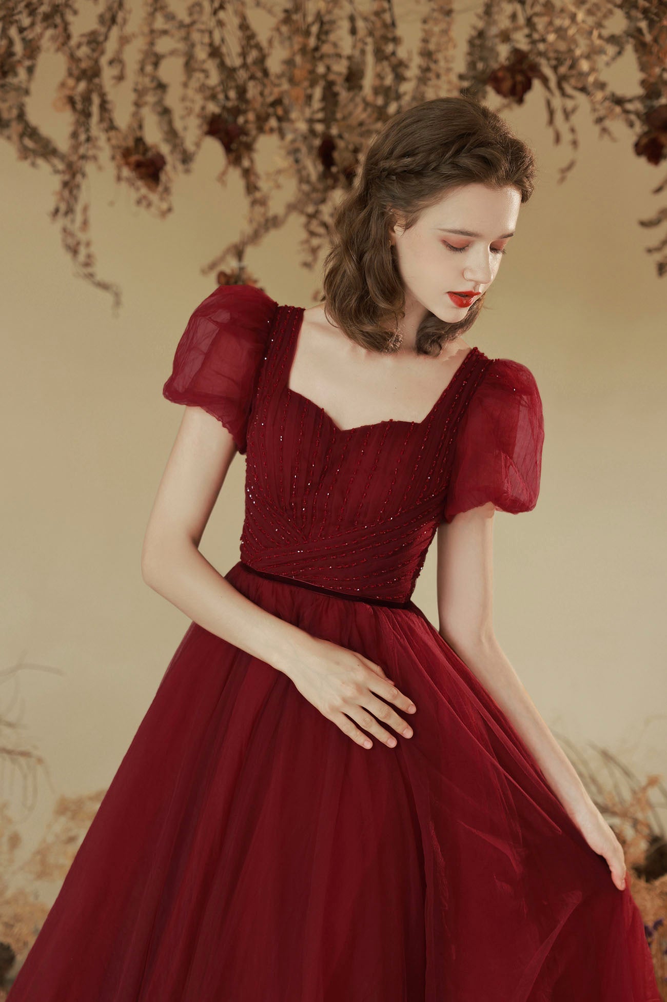 Burgundy Tulle Long A-line Prom Dress, Cute Short Sleeve Evening Party Dress