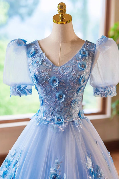 Blue Lace Flowers Long Prom Dress, Beautiful V-Neck Evening Party Dress