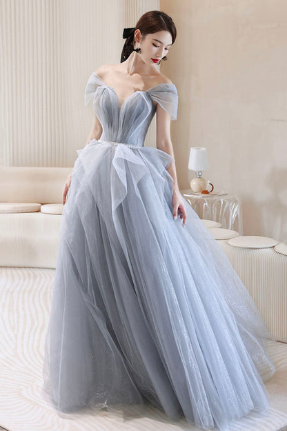 Blue Tulle Long A-Line Prom Dress, Blue Off the Shoulder Evening Graduation Dress