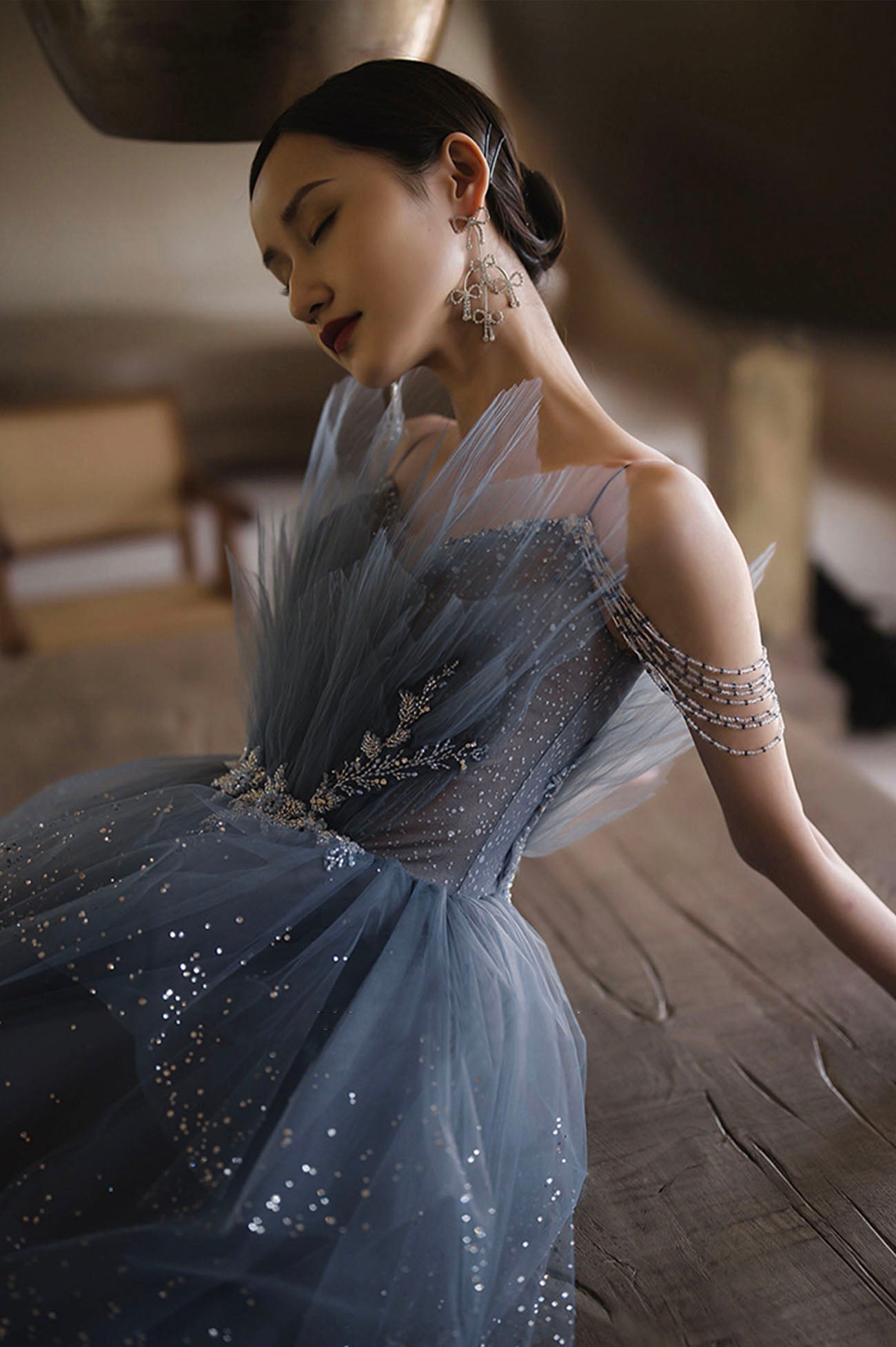 Blue Tulle Layers Straps Beaded Long Formal Dress, Beautiful A-Line Prom Dress