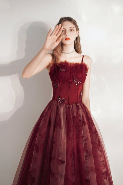 Burgundy Spaghetti Strap Tulle Long Prom Dress, Lovely A-Line Prom Dress