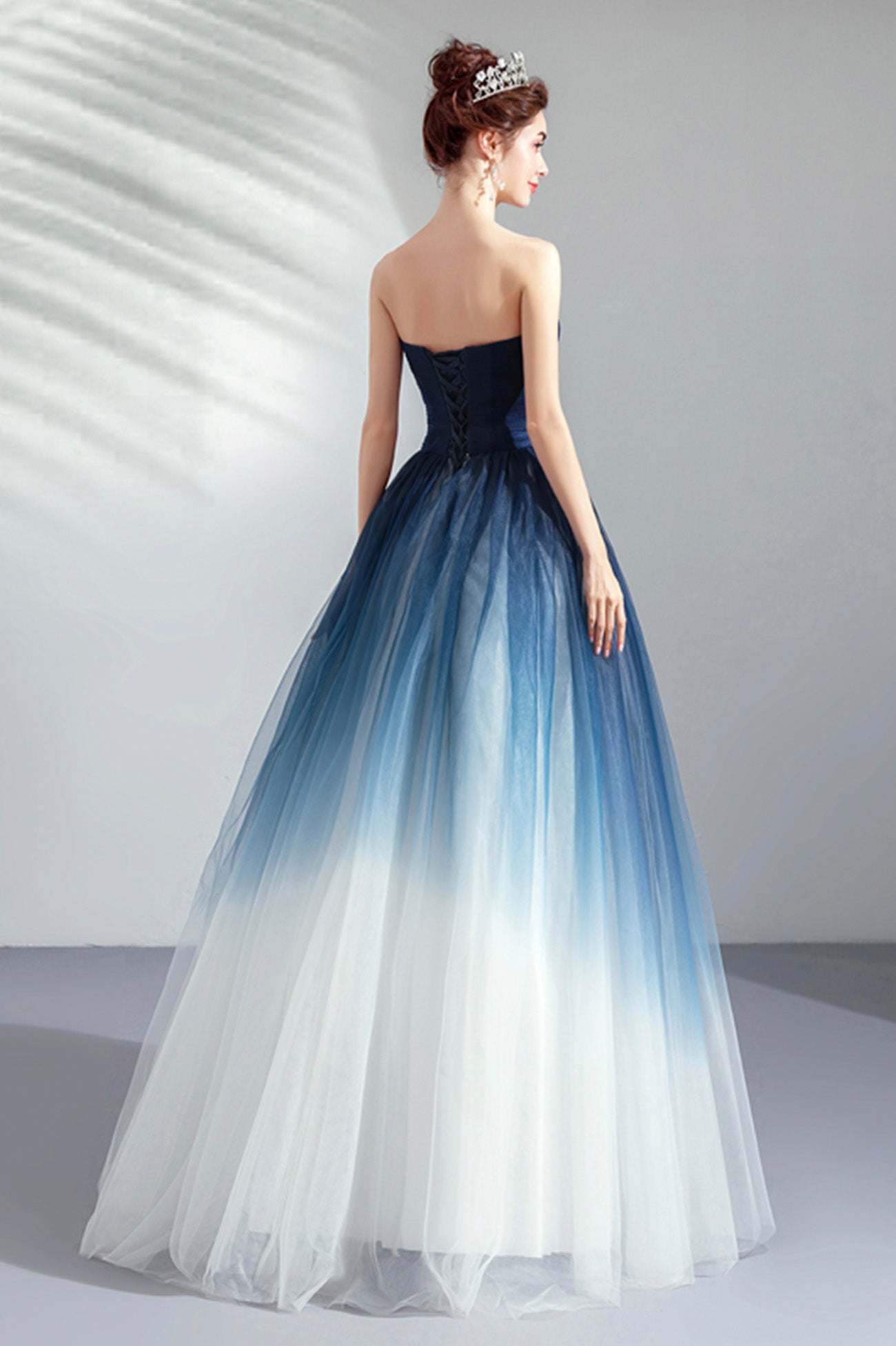 Blue Gradient Tulle Strapless Long A-Line Prom Dress, Blue Evening Party Dress