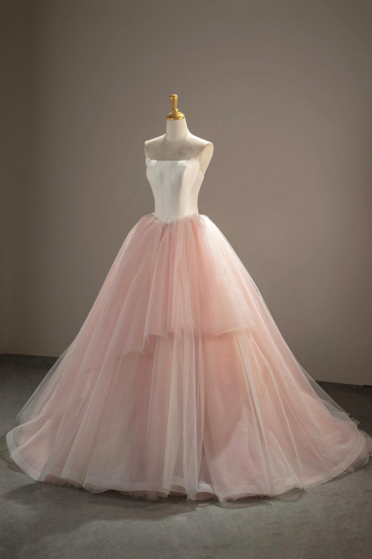 White and Pink Tulle Long Prom Dress, A-Line Strapless Evening Party Dress